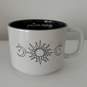 HAZEL & CO White Ceramic Mug with Sun and Moon Design ‘positive energy’ grey